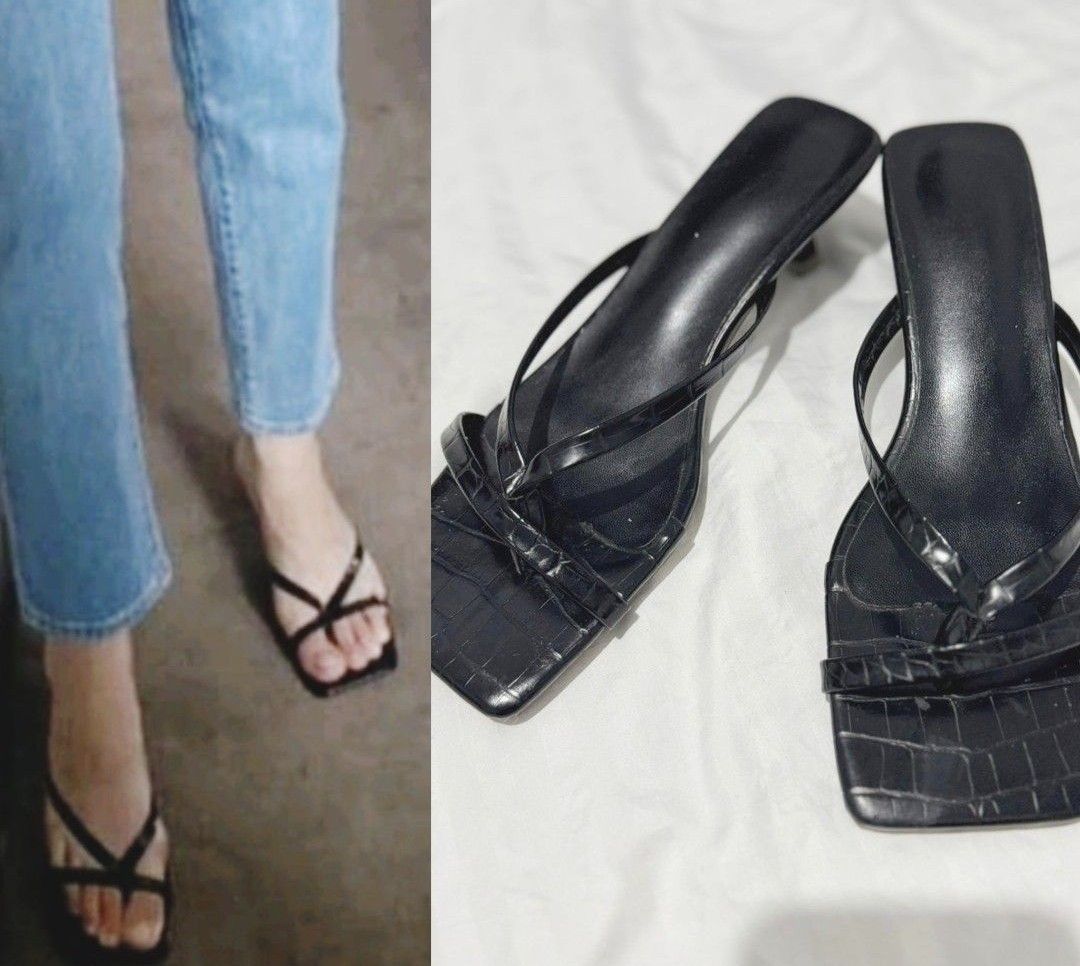 Black Croc Embossed Square Toe Thong Heels (Category: Heels) located in Quezon City. Submitted by apple.ana888 (Listing ID 1459638018, Image 1). Description: - Stylish black thong heels - Trendy square toe design - Elegant croc embossed texture - Comfortable low heel, easy to walk in - Versatile for dressing up or down - A must-have for any outfit.
