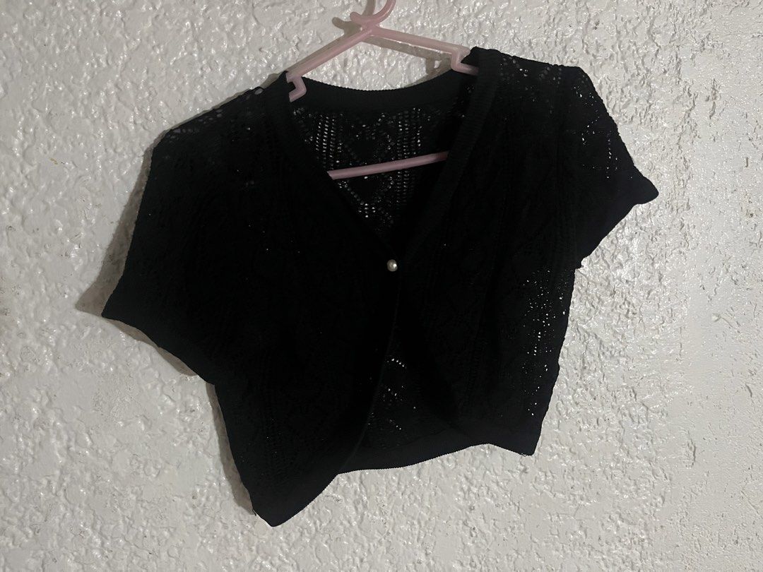 Black Crochet Bolero (Category: Blouses) located in Quezon City. Submitted by princesssparklee (Listing ID 1459600471, Image 1). Description: - fits xs-s - fits bust 32" max - with pearl button .