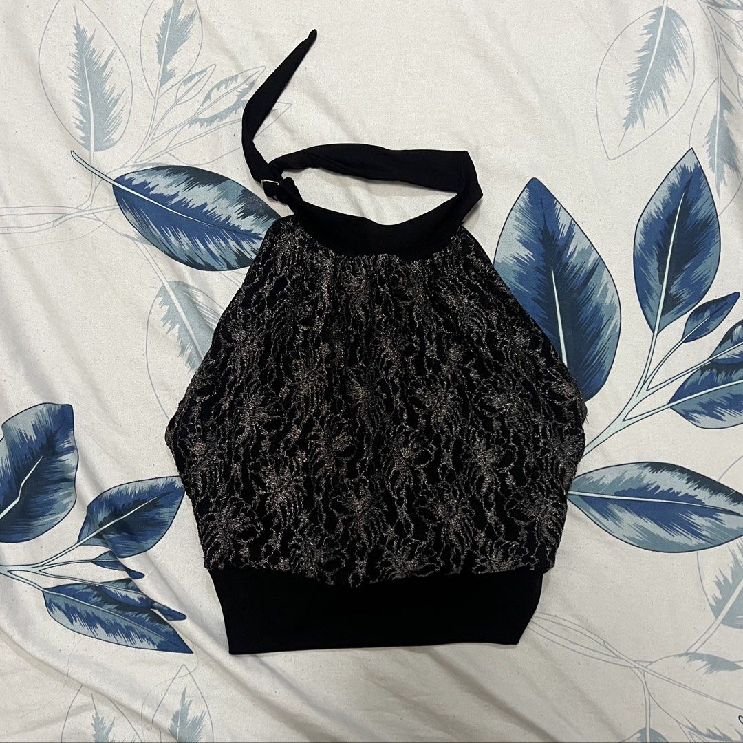 Black Lace Halter Top with Tie Neck (Category: Sleeveless) located in Imus. Submitted by niftees.eco (Listing ID 1459683190, Image 1). Description: S-M Used twice! bought in dubai .