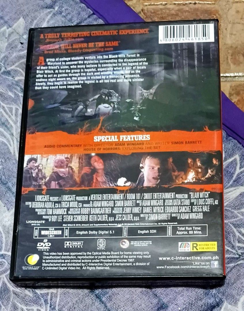 Blair Witch DVD (Category: CDs & DVDs) located in Quezon City. Submitted by dancatz (Listing ID 1459500622, Image 3). Description: □ P 250.00 - The Blair Witch Project DVD - A truly terrifying cinematic experience - Special features: audio commentary, behind the scenes - Get ready for a scare! - region 3 NTSC LFB Seller's location : Brgy. Sta. Teresita Quezon City Please DM for more details Payment Mode : Gcash Bank transfer [ BPI ] Delivery meth