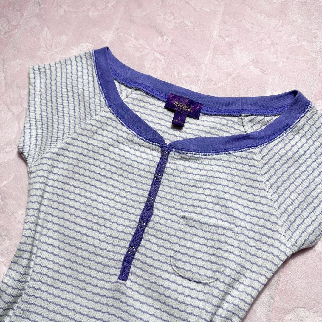 BNN Striped Henley Top (Category: Shirts) located in San Fernando. Submitted by rianne_von (Listing ID 1459613992, Image 3). Description: Size L on tag W: 13.3 in L: 21 in info: ✧ light blue fitted top w/ all-over purple micro-stripe detailing ✧ contrast purple trim w/ snap-button henley neckline + mini chest pocket ✧ excellent thrifted condition; no holes, stains, or major flaws observed ✧ color may vary slightly due to lighting .