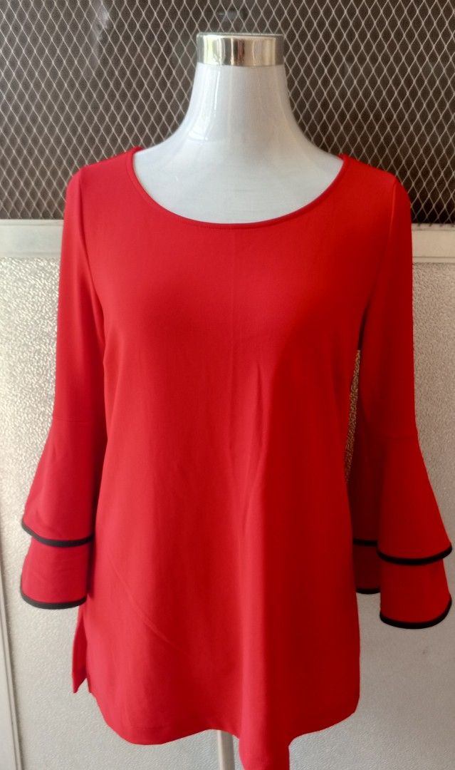 Boston Proper Red Bell Sleeve Top Size S (Category: Blouses) located in Cebu City. Submitted by violacloset (Listing ID 1459491830, Image 1). Description: - Red top from Boston Proper - Features stylish bell sleeves with black trim Measurements: length: 27 in bust: 19 1/2 waist: 18 1/2 the material is stretchable the tag says it's small but can fit xl coz it stretch.