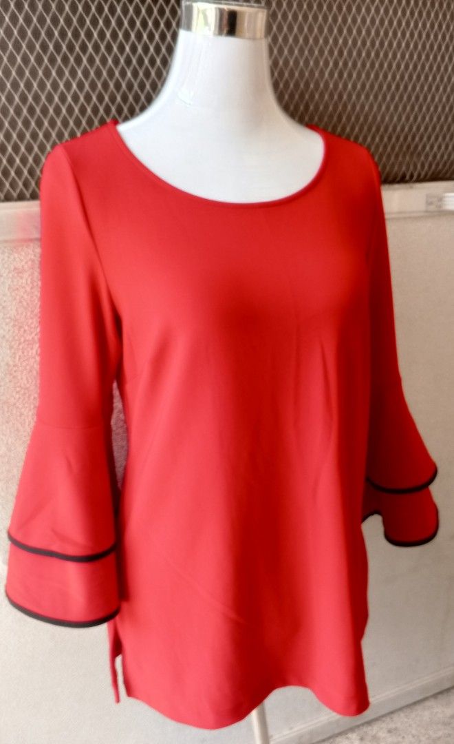 Boston Proper Red Bell Sleeve Top Size S (Category: Blouses) located in Cebu City. Submitted by violacloset (Listing ID 1459491830, Image 2). Description: - Red top from Boston Proper - Features stylish bell sleeves with black trim Measurements: length: 27 in bust: 19 1/2 waist: 18 1/2 the material is stretchable the tag says it's small but can fit xl coz it stretch.