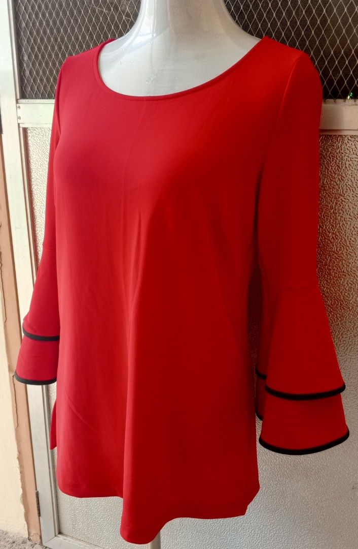 Boston Proper Red Bell Sleeve Top Size S (Category: Blouses) located in Cebu City. Submitted by violacloset (Listing ID 1459491830, Image 3). Description: - Red top from Boston Proper - Features stylish bell sleeves with black trim Measurements: length: 27 in bust: 19 1/2 waist: 18 1/2 the material is stretchable the tag says it's small but can fit xl coz it stretch.