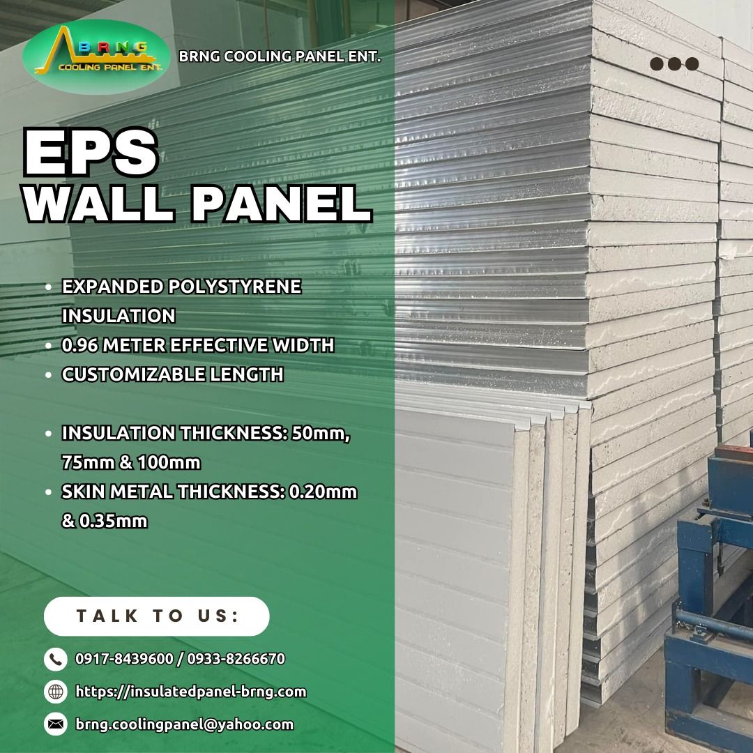 BRNG Cooling Panel Ent. EPS Wall Panel - Customizable (Category: Wall Decor) located in Caloocan City. Submitted by epicowl-1ea4 (Listing ID 1459542732, Image 1). Description: - BRNG Cooling Panel Ent. EPS Wall Panels - Expanded Polystyrene (EPS) Insulation - Effective Width: 0.96 meters - Customizable Length - Insulation Thickness Options: 50mm, 75mm, 100mm - Skin Metal Thickness Options: 0.20mm, 0.35mm - Contact us for inquiries!.