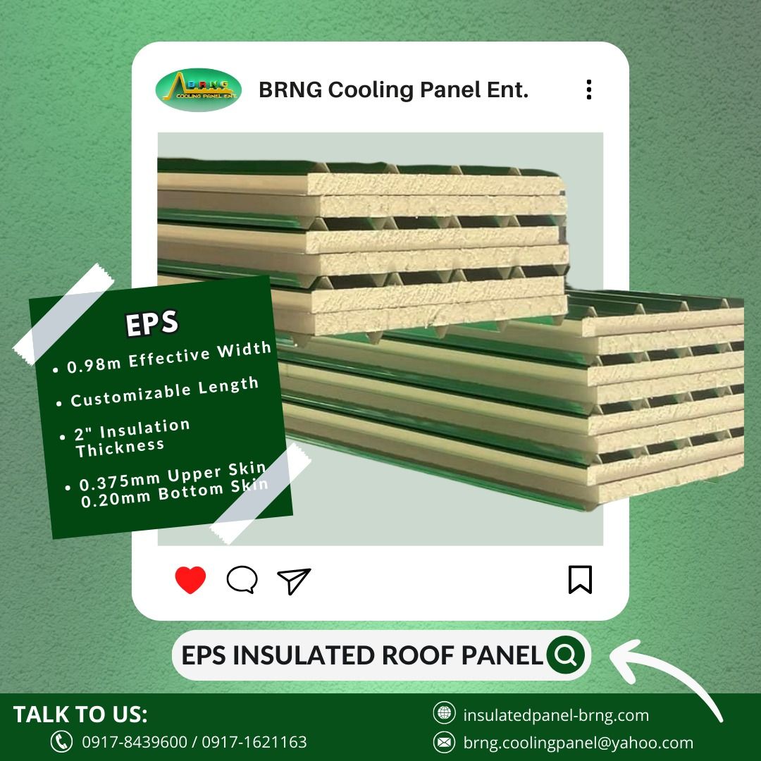 BRNG Cooling Panel EPS Insulated Roof Panel (Category: Construction & Building Materials) located in Caloocan City. Submitted by epicowl-1ea4 (Listing ID 1459539010, Image 1). Description: - BRNG Cooling Panel Ent. EPS Insulated Roof Panels - Effective Width: 0.98m - Customizable Length - Insulation Thickness: 2 inches - Top Skin Thickness: 0.375mm - Bottom Skin Thickness: 0.20mm - Contact us for inquiries..