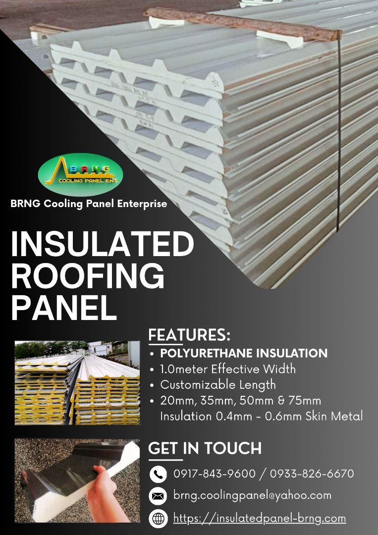 BRNG Insulated Roofing Panel - Polyurethane Insulation (Category: Construction & Building Materials) located in Caloocan City. Submitted by epicowl-1ea4 (Listing ID 1459543201, Image 1). Description: - BRNG Cooling Panel Enterprise: High-quality insulated roofing panels. - Core Material: Polyurethane foam for excellent insulation. - Effective Width: 1.0 meter. - Customizable Length: Tailored to your project needs. - Available Thicknesses: 20mm, 3