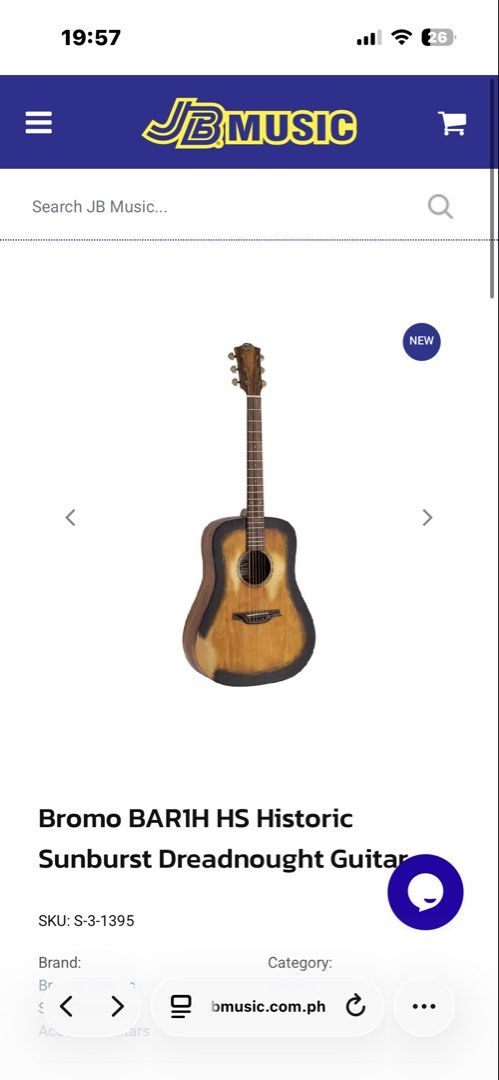 Bromo BAR1H HS Solid wood mahogany guitar (Category: Musical Instruments) located in Manila. Submitted by juniperian9 (Listing ID 1459611386, Image 3). Description: -Bought only April 2026; has small almost invisible dents on bottom mahogany top -price includes strap and bromo padded gig bag (official bromo item) JT music specs: Solid tonal woods Dreadnought body Scale: 645 mm (25.4 inches) Nut width: 44.5 mm (1 3/4 inches) Lid: Solid fir Bottom 