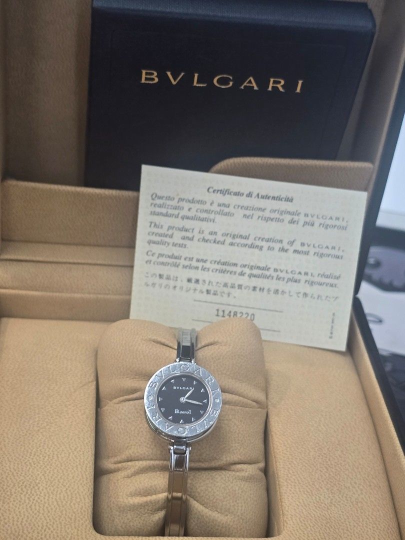 Bvlgari B.zero1 Black Dial Ladies' Watch (Category: Luxury Watches) located in Taguig. Submitted by mluxeph (Listing ID 1459533379, Image 2). Description: Bvlgari B.zero1 Black Dial Ladies' Watch Gender: Ladies Reference #: BZ 22 S Movement: Quartz Case Size: 22mm Case Material: Stainless Steel Strap Size: 7” / 8” (with face) Crystal: Sapphire Water Resistance: 30m Dial Type/Color: Analog / Black Calendar: None Band Type: Bangle Band Material: St