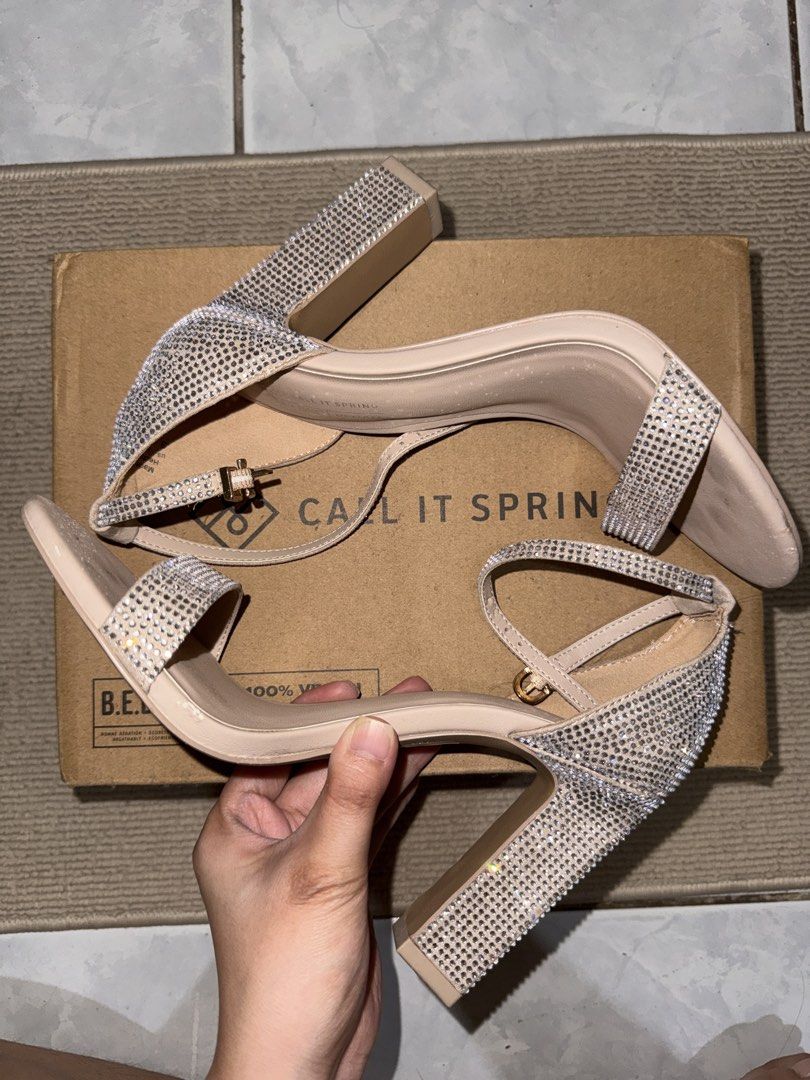 Call It Spring Rhinestone Block Heels (Category: Heels) located in Antipolo. Submitted by shopclozette (Listing ID 1459544043, Image 1). Description: - Sparkly block heels from Call It Spring - Beige/nude color with all-over rhinestones - Ankle strap with buckle closure - Comfortable chunky heel - Comes with original box - Ideal for parties and dressing up outfits - Used twice - With minor issue as seen on the photo - Bought at Call It Spring Glo