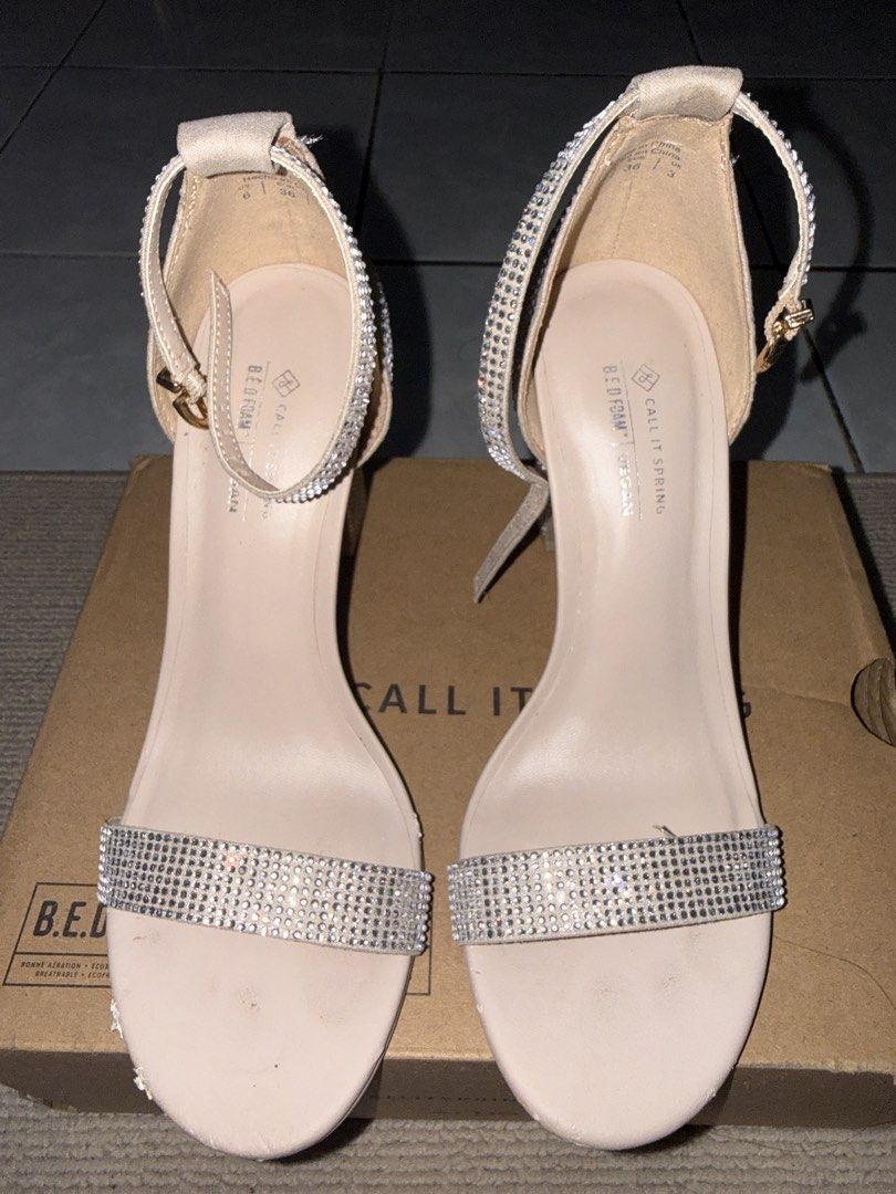 Call It Spring Rhinestone Block Heels (Category: Heels) located in Antipolo. Submitted by shopclozette (Listing ID 1459544043, Image 3). Description: - Sparkly block heels from Call It Spring - Beige/nude color with all-over rhinestones - Ankle strap with buckle closure - Comfortable chunky heel - Comes with original box - Ideal for parties and dressing up outfits - Used twice - With minor issue as seen on the photo - Bought at Call It Spring Glo