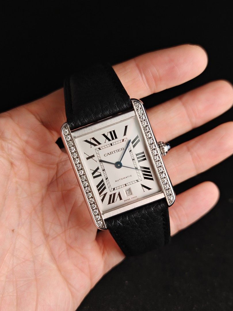 2016 Cartier Tank XL diamonds (Category: Luxury Watches) located in San Juan City. Submitted by MW_888 (Listing ID 1459562089, Image 2). Description: 2016 Cartier Tank XL with diamonds Automatic Ref 3515 9/10 condition Inclusions: watch, leather strap with original Cartier deployant buckle, Cartier guarantee card and replacement box *photo reference on 6.5" wrist 210k.