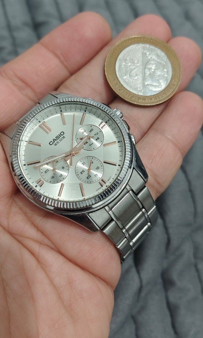 Casio Multifunction Watch (Category: Men's Watches) located in Cebu City. Submitted by aceoftime (Listing ID 1459673071, Image 3). Description: In good working condition Ref: MTP-1375 Japan analog quartz movt with subdials (24hr/Day/Date) Fluted bezel Watch only Our Guarantee: 💯 Authentic All watches are checked by our experienced technician to ensure good functionality Please manage your expectations since these are preloved watches some may sh