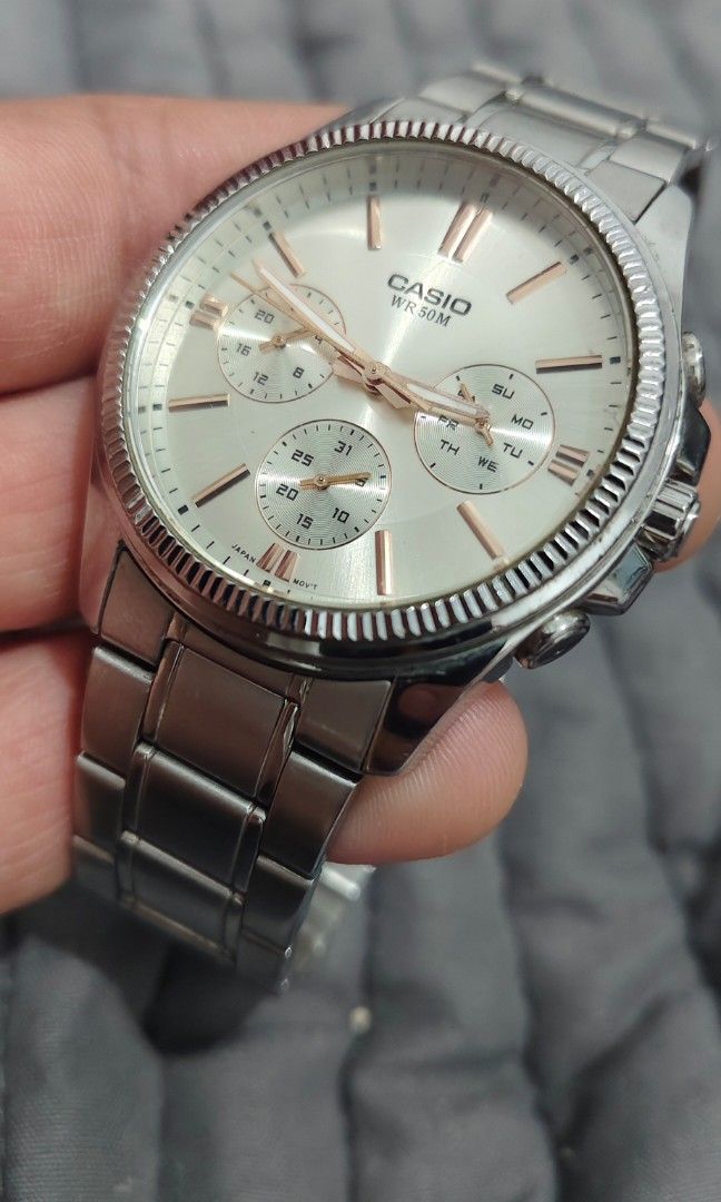 Casio Multifunction Watch (Category: Men's Watches) located in Cebu City. Submitted by aceoftime (Listing ID 1459673071, Image 1). Description: In good working condition Ref: MTP-1375 Japan analog quartz movt with subdials (24hr/Day/Date) Fluted bezel Watch only Our Guarantee: 💯 Authentic All watches are checked by our experienced technician to ensure good functionality Please manage your expectations since these are preloved watches some may sh