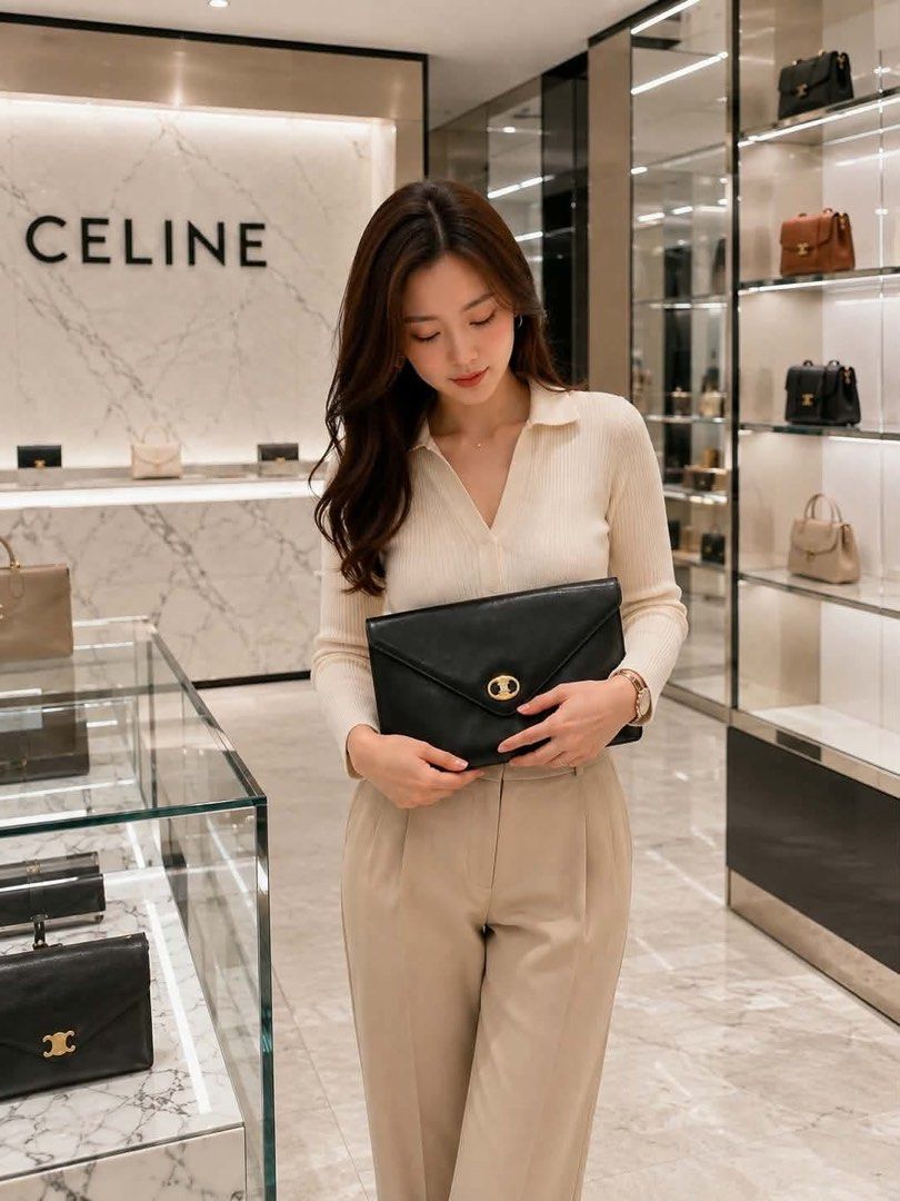 Celine Black Leather Envelope Clutch Bag with Triomphe Logo (Category: Luxury Bags & Wallets) located in Dagupan City. Submitted by casadebayongph (Listing ID 1459533582, Image 1). Description: - Classic Celine black leather envelope clutch - Iconic gold Triomphe logo hardware - Ideal for evening wear or as a statement piece - Minor signs of wear on leather, consistent with use. Hole on side for sling slot. - Clean interior - Timeless accessory.