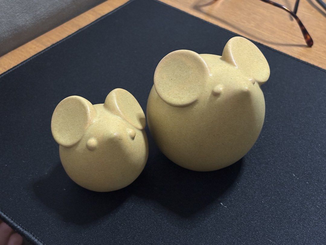 Ceramic Mouse Figurines - Set of 2 (Category: Other Home Decor) located in San Juan City. Submitted by prelaabthings (Listing ID 1459629233, Image 2). Description: - Set of 2 ceramic mouse figurines - Light beige, speckled finish - Light blue One larger than the other - Ideal for home decor, desk, or shelf - Makes a quirky and unique gift.