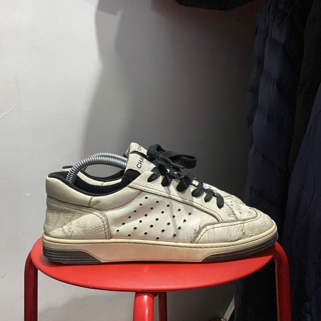 Chanel Calffskin Trainer Sneaker 40 (Category: Sneakers) located in Antipolo. Submitted by bentakahitanoano (Listing ID 1459595486, Image 2). Description: Still in good condition Size 40 fit 7US womens Looks beater but it looks better that way and it gives character Golden goose alternative type shii Normal sign of usage - creases and scuff - heeldrag.