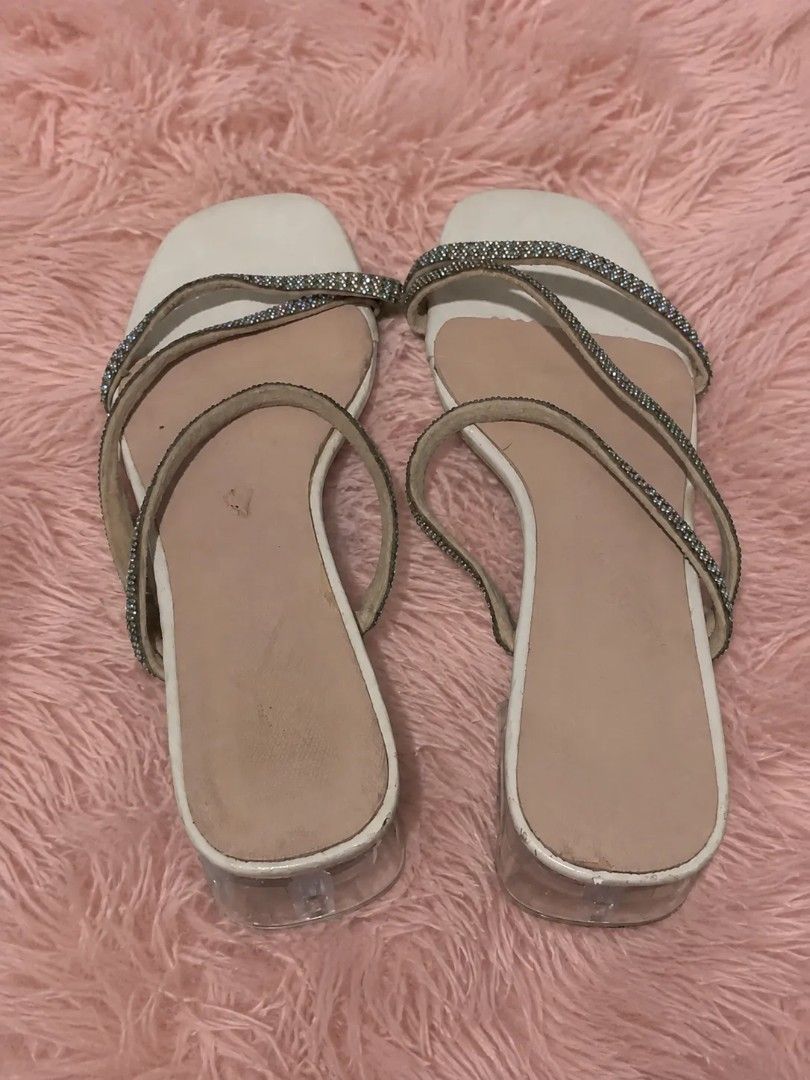CLEAR HEEL RHINESTONE STRAPPY HEELS | SIZE: 37 (Category: Heels) located in Manila. Submitted by sakki.ph (Listing ID 1459659057, Image 3). Description: ♡ Cream / ivory + nude beige color ♡ Sparkly rhinestone/crystal strappy details (need cleaning) ♡ Clear chunky block heels ♡ Square/open-toe silhouette ♡ Elegant crisscross strappy design with rhinestone detailing ♡ Cute for Y2K, coquette, glam, party & going-out fits ♡ Easy to style with dresses