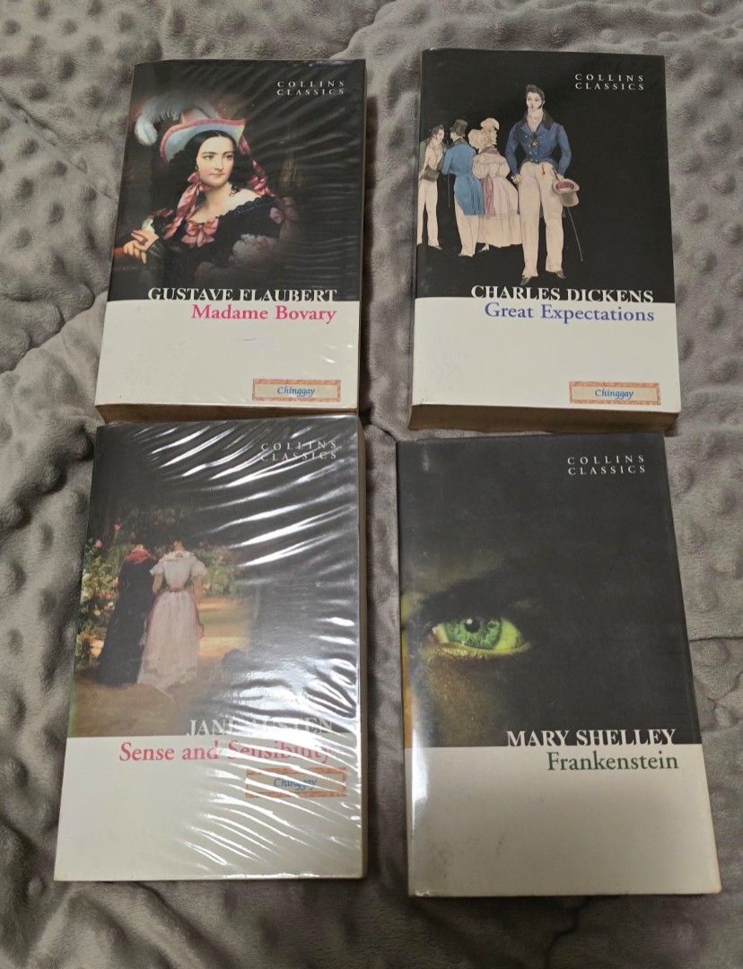 Collins Classics: Great Expectations, Frankenstein, Sense and Sensibility (Category: Storybooks) located in Las Pinas. Submitted by insouciant_worrier (Listing ID 1459571889, Image 1). Description: - Set of 4 classic novels from Collins Classics for P350. - Titles include: Great Expectations (Charles Dickens), Frankenstein (Mary Shelley), Madame Bovary (Gustave Flaubert), and Sense and Sensibility (Jane Austen). - All books are paperback editions
