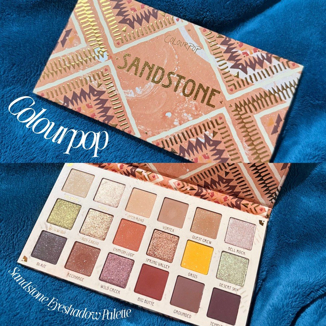 Colourpop Sandstone Eyeshadow Palette (Orig.) (Category: Makeup) located in Cavite. Submitted by Ambericens (Listing ID 1459495430, Image 1). Description: - Colourpop Sandstone Eyeshadow Palette - 15 versatile shades - Mix of matte and shimmer finishes - Color range: warm neutrals, yellow, and green - Perfect for creating diverse makeup looks - Palette is in good, like new condition.