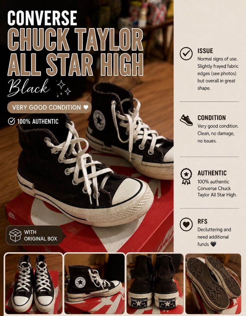 Converse Chuck Taylor All Star High Top Black (Category: Sneakers) located in Caloocan City. Submitted by krizairah20 (Listing ID 1459651508, Image 1). Description: - 100% Authentic Black Converse Chuck Taylor All Star High Tops - Normal signs of use (slightly frayed fabric edges) - Clean, no damage, no other issues - Comes with original box - Perfect for decluttering and funding new purchases!.