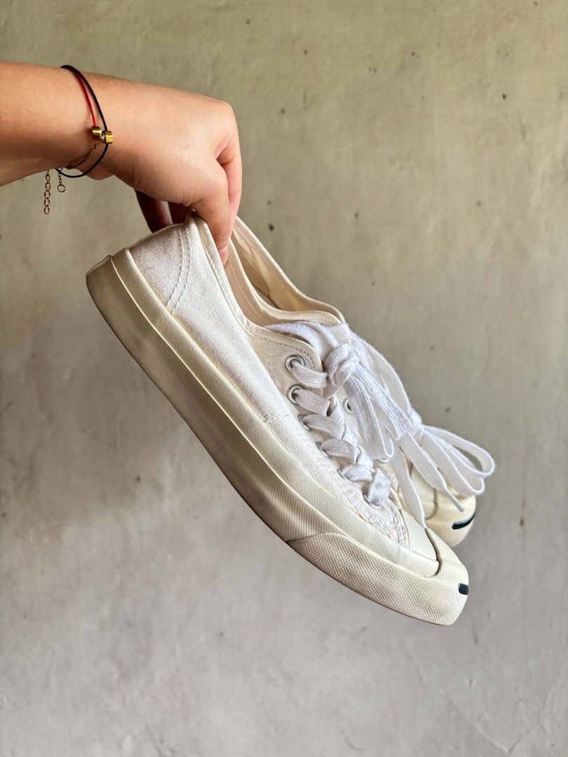 Converse Jack Purcell Low Top Canvas Cream Sneakers (Category: Sneakers) located in Quezon City. Submitted by dcltrrr8 (Listing ID 1459545244, Image 3). Description: Needs cleaning. No issues. No inclusions, no box. Size 6.5 W - Cream colored Converse Jack Purcell low tops - Classic canvas material - Signature rubber toe cap - White laces - Soles show some signs of wear - Great for casual wear.