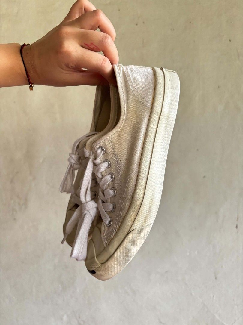 Converse Jack Purcell Low Top Canvas Cream Sneakers (Category: Sneakers) located in Quezon City. Submitted by dcltrrr8 (Listing ID 1459545244, Image 2). Description: Needs cleaning. No issues. No inclusions, no box. Size 6.5 W - Cream colored Converse Jack Purcell low tops - Classic canvas material - Signature rubber toe cap - White laces - Soles show some signs of wear - Great for casual wear.
