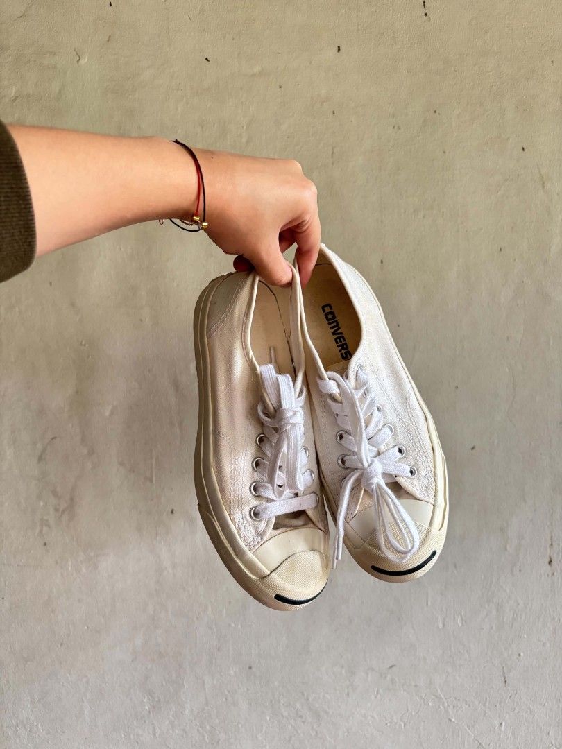 Converse Jack Purcell Low Top Canvas Cream Sneakers (Category: Sneakers) located in Quezon City. Submitted by dcltrrr8 (Listing ID 1459545244, Image 1). Description: Needs cleaning. No issues. No inclusions, no box. Size 6.5 W - Cream colored Converse Jack Purcell low tops - Classic canvas material - Signature rubber toe cap - White laces - Soles show some signs of wear - Great for casual wear.
