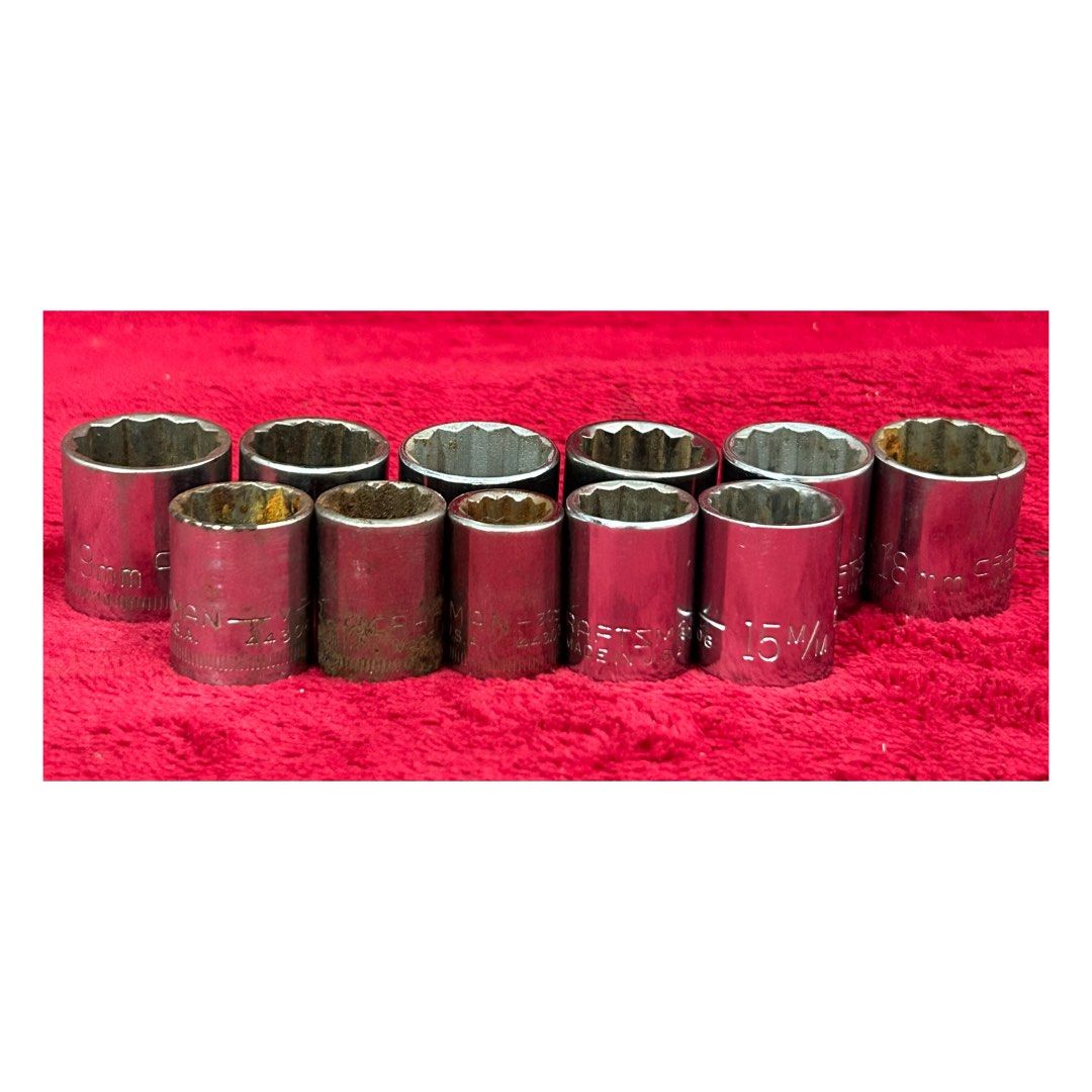 Craftsman USA Metric 3/8 drive 12 point socket 11pcs (Category: Construction Tools & Equipment) located in Pasig City. Submitted by califinestcollectibles (Listing ID 1459543745, Image 3). Description: Craftsman USA Metric 3/8 drive 12 point socket 11pcs HT#008 11pcs - 1500 take all •18mm V-4432 •19mm V-44308 •19mm V-44308 •17mm V-44307 •17mm V-44307 •17mm V-44307 •13mm V-44304 •15mm V-44306 •14mm V-44305 •15mm V-44306 •11mm G2-44309 Original/Aut