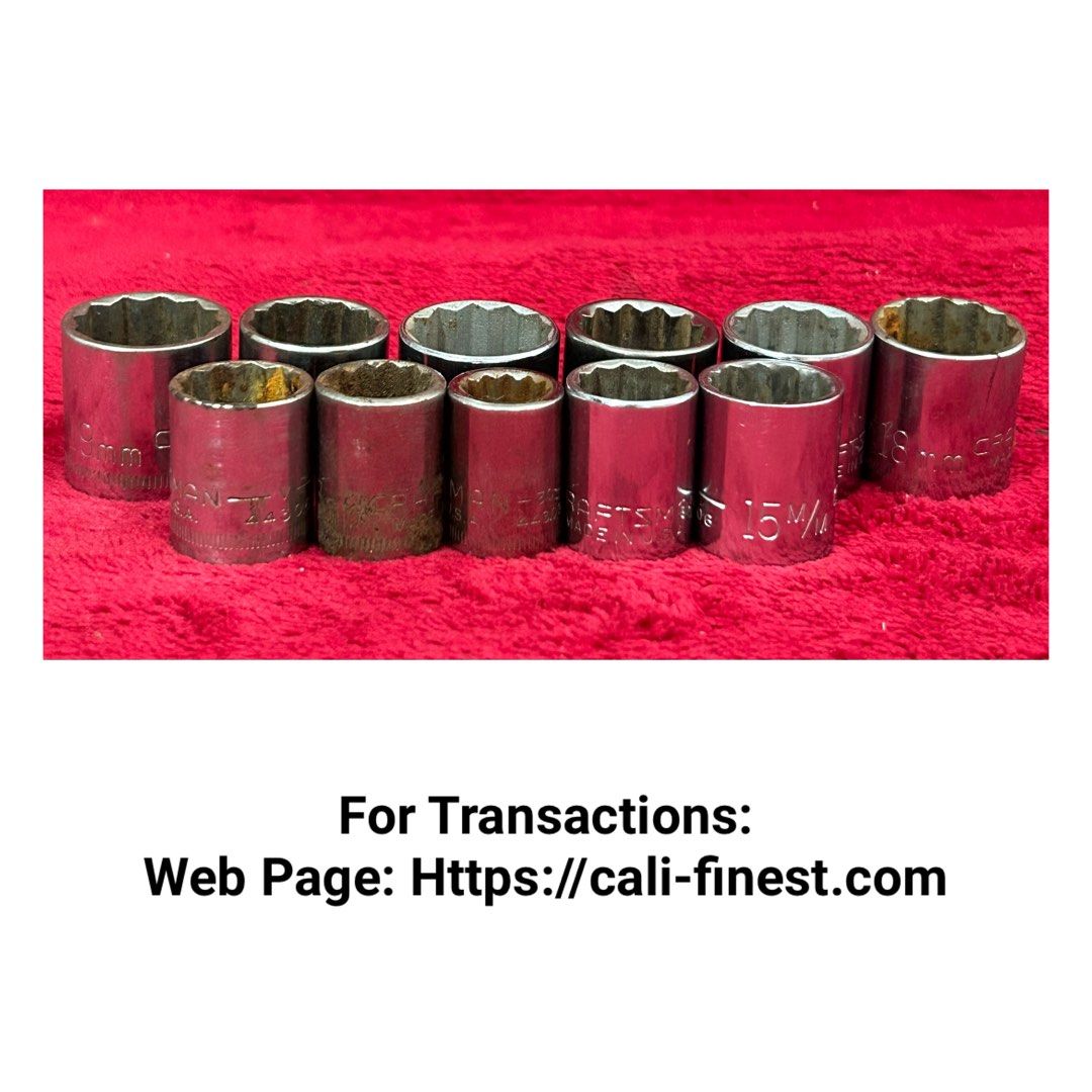 Craftsman USA Metric 3/8 drive 12 point socket 11pcs (Category: Construction Tools & Equipment) located in Pasig City. Submitted by califinestcollectibles (Listing ID 1459543745, Image 1). Description: Craftsman USA Metric 3/8 drive 12 point socket 11pcs HT#008 11pcs - 1500 take all •18mm V-4432 •19mm V-44308 •19mm V-44308 •17mm V-44307 •17mm V-44307 •17mm V-44307 •13mm V-44304 •15mm V-44306 •14mm V-44305 •15mm V-44306 •11mm G2-44309 Original/Aut