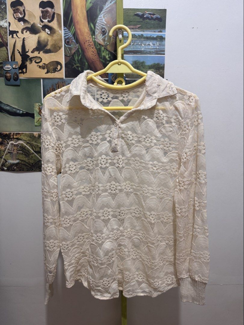 Cream Lace Collared Long Sleeve Top (Category: Blouses) located in Marikina City. Submitted by lelaaaphant (Listing ID 1459532881, Image 1). Description: Fits XS-L 📍Marikina.
