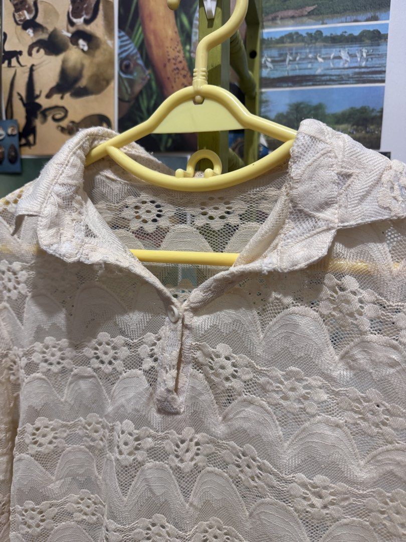Cream Lace Collared Long Sleeve Top (Category: Blouses) located in Marikina City. Submitted by lelaaaphant (Listing ID 1459532881, Image 2). Description: Fits XS-L 📍Marikina.