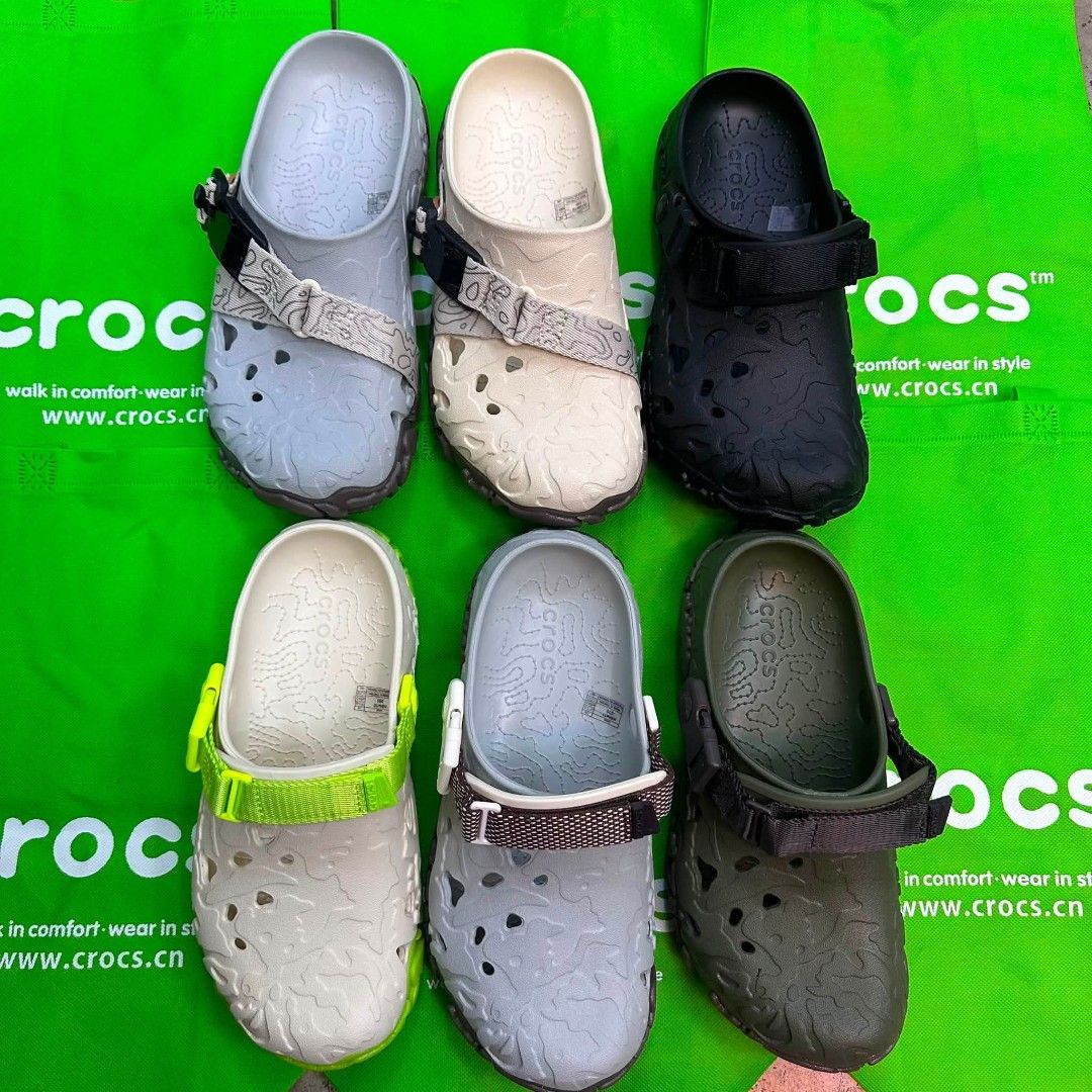 Crocs All-Terrain Clogs - Various Colors (Category: Slippers & Slides) located in Manila. Submitted by ddg_s (Listing ID 1459595025, Image 1). Description: Selling these Crocs All-Terrain Clogs. They have a rugged design with adjustable straps. Available in light grey, beige, black, white with neon green, and olive green. Great for outdoor adventures or casual wear. Comfortable and durable..