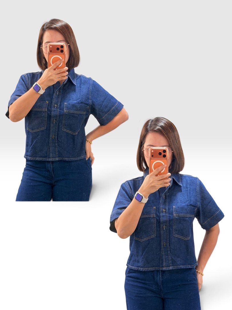 Cropped Denim Shirt with Pockets (Category: Others Tops) located in San Fernando. Submitted by mci.ph (Listing ID 1459615382, Image 1). Description: - Blue denim shirt - Short sleeves with collar - Two chest pockets with button closures - Cropped length - Versatile for casual styling with jeans or skirts.