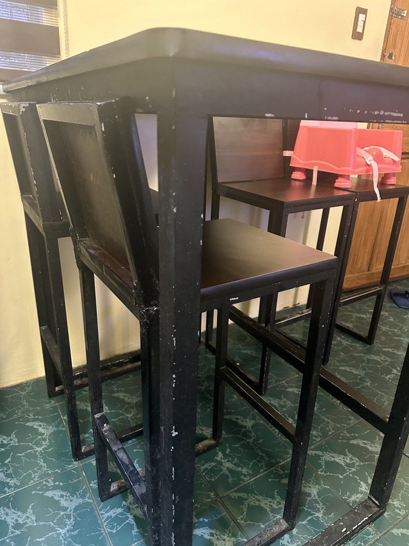 Custom Made Bar Table Set (includes 4 high chair) (Category: Tables & Sets) located in Muntinlupa City. Submitted by satidah (Listing ID 1459688086, Image 1). Description: 1.5 inched Tubular Steel Formica Laminated TABLE L x W = 28 x 41.5 inches H = 101 cm CHAIR (floor to seat) L 40cm W 35cm H 75cm back rest L 25cm W 35cm H 100cm Best for small spaces. Issue: Needs repaint & Visible rewelding on chairs. Labor and Materials 7,899 Used for only a y