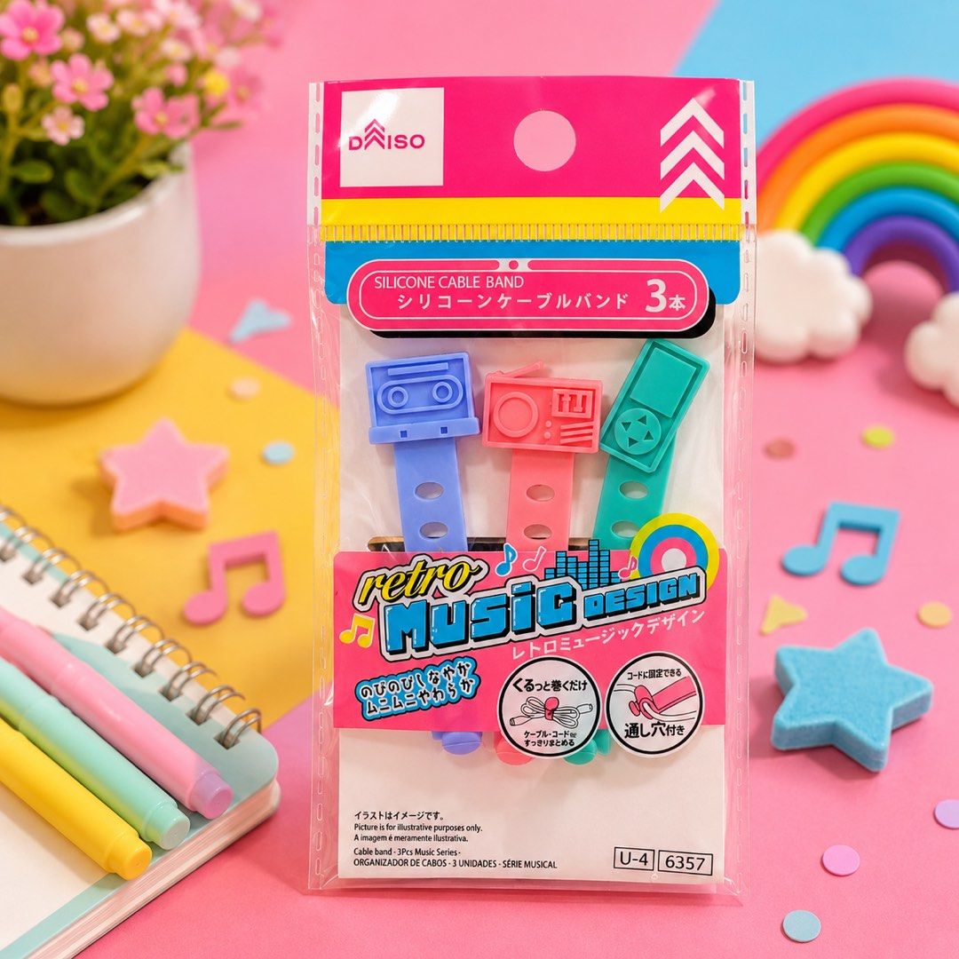 DAISO Silicone Cable Bands - 3 Designs (3pcs each) (Category: Craft Supplies & Tools) located in Manila. Submitted by wondermoma.ph (Listing ID 1459500189, Image 3). Description: Get these cute DAISO silicone cable bands to organize your wires! Available in 3 fun designs: Sports, Music, and Mobile. Each pack comes with 3 bands. Perfect for keeping your desk or bag tidy. Great for headphones, chargers, and other cables. Grab them before they're go