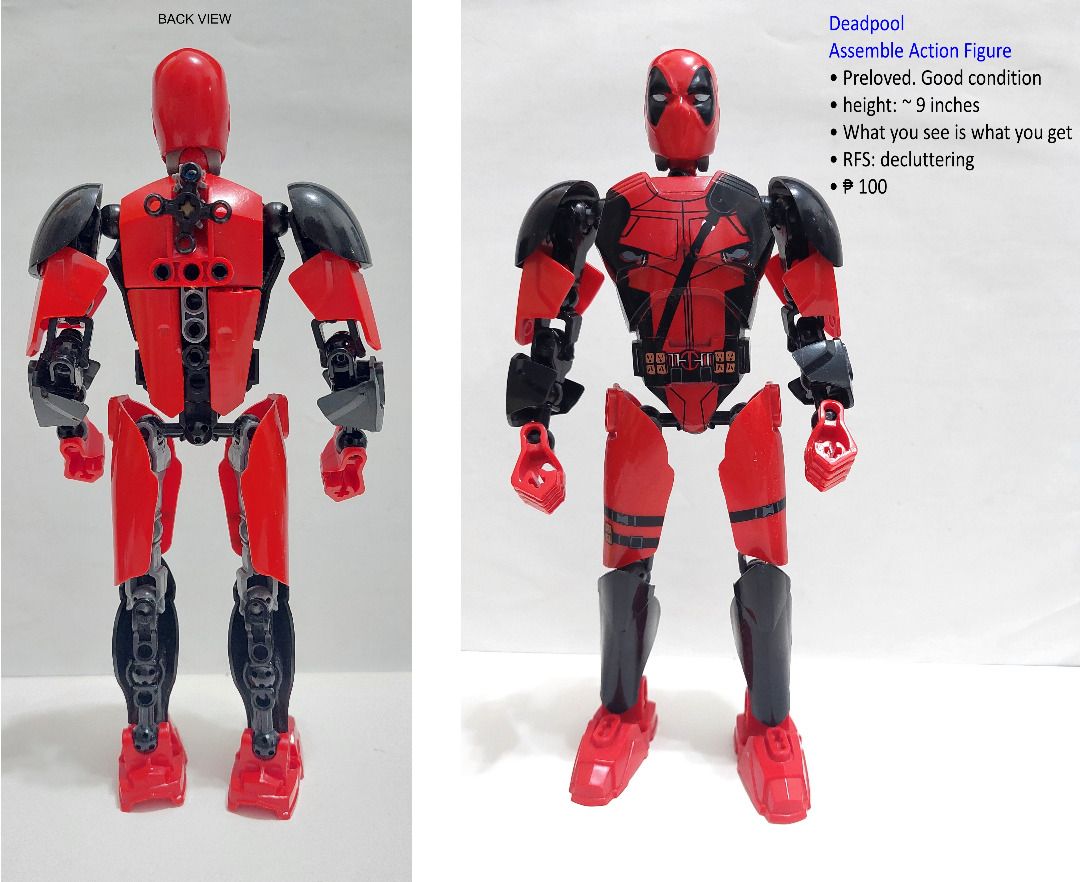 Deadpool Assemble Action Figure 9 inches (Category: Figurines & Statues) located in San Juan City. Submitted by linlgoldfish (Listing ID 1459669606, Image 1). Description: - Preloved Deadpool action figure - Approximately 9 inches tall - What you see is what you get - decluttering.