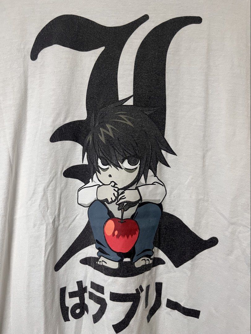 Death Note L Anime T-Shirt Size M (Category: Tshirts & Polo Shirts ) located in Cabuyao City. Submitted by bulandos (Listing ID 1459632715, Image 2). Description: - White graphic tee featuring L from Death Note in chibi style. - Includes Japanese text. - Made from 100% cotton. - Brand: Ripple Junction. - Tagged size: Medium (M). - Condition: Small hole on the shoulder area (visible in photos). - Ideal for anime enthusiasts and Death Note fans..