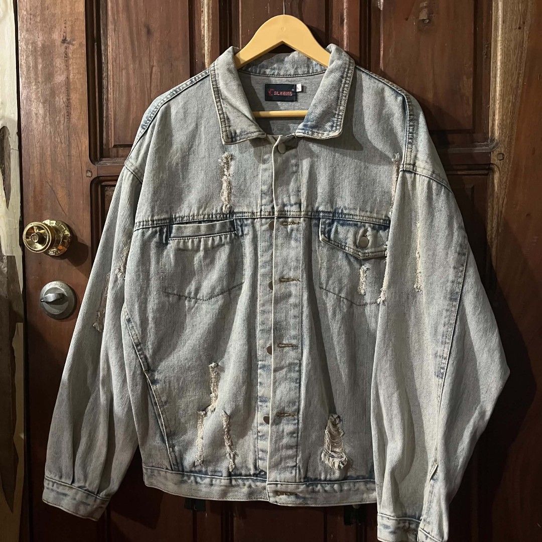 Distressed Calm Mind "Chinese Classics"Denim Jacket (Category: Coats, Jackets and Outerwear) located in Pasig City. Submitted by mavsthrift (Listing ID 1459615477, Image 2). Description: Distressed Calm Mind "Chinese Classics"Denim Jacket - Size L - Condition 8/10 - Perfect statement piece for any outfit Ship via J&T, Lalamove or pickup Payment first, Pasig Loc. .