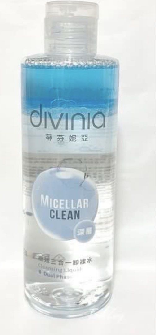 Divinia Micellar Clean Cleansing Liquid Dual Phase 300ml (Category: Face Care) located in Manila. Submitted by decluterthings888 (Listing ID 1459515727, Image 3). Description: - Divinia Micellar Clean Cleansing Liquid - Dual phase formula - Deep cleansing, makeup removal, and moisturizing - Uses micellar technology - Great for removing stubborn makeup - Gentle on skin - 300ml bottle.