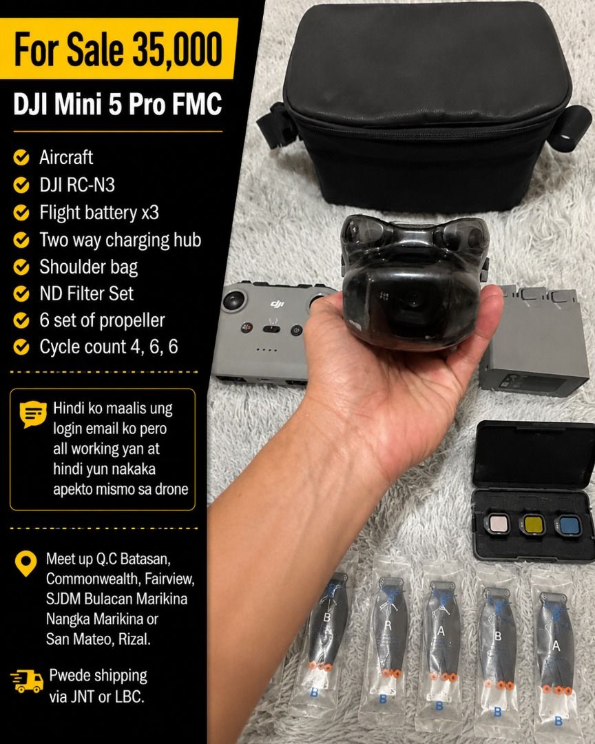 DJI Mini 5 Pro FMC (Category: Drones) located in San Mateo. Submitted by ako_ay_pangit_ngunit_mabait (Listing ID 1459591571, Image 1). Description: For Sale 35,000 DJI Mini 5 Pro FMC Aircraft DJI RC-N3 Flight battery x3 Two way charging hub Shoulder bag ND Filter Set 6 set of propeller Cycle count 4, 6, 6 Hindi ko maalis ung login email ko pero all working yan at hindi yun nakaka apekto mismo sa drone Meet up Q.C Batasan, Commonwealth, Fairview, 