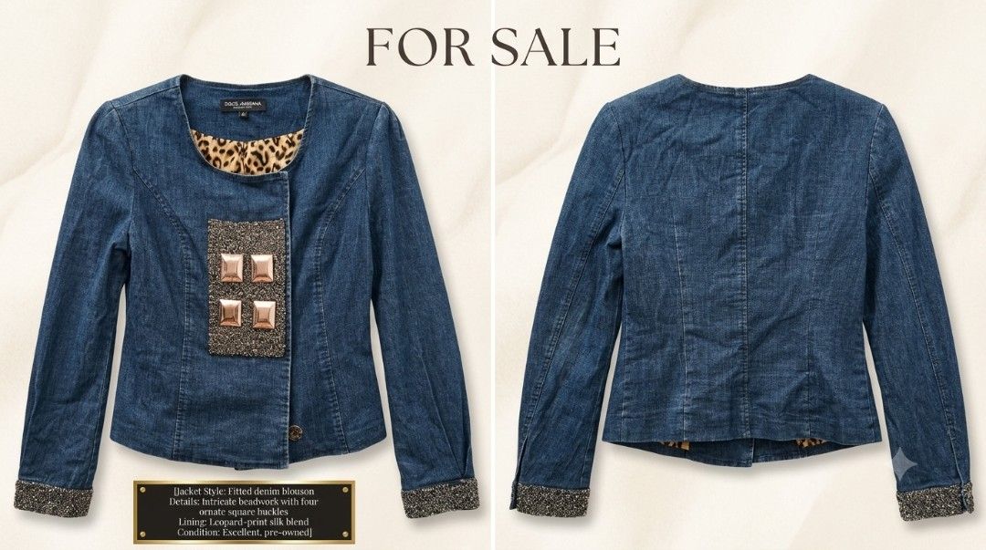 Dolce & Gabbana Fitted Denim Jacket with Beadwork (Category: Coats, Jackets and Outerwear) located in Bulacan. Submitted by ditchandswitch (Listing ID 1459674063, Image 1). Description: - Fitted Dolce & Gabbana denim blouson jacket - Intricate beadwork on the front and cuffs - Four ornate square buckles on the front - Luxurious leopard-print silk blend lining - A striking statement piece for any wardrobe.