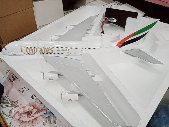 Emirates Airbus A380 Model Airplane (Category: Vehicle & Diecast Models) located in Manila. Submitted by iliasjen3082126 (Listing ID 1459649606, Image 2). Description: - Emirates A380 Model Airplane - Includes display stand - Ideal for collectors and aviation enthusiasts - Brand new, in original packaging (sealed with tape) - Box shows some signs of wear due to storage.