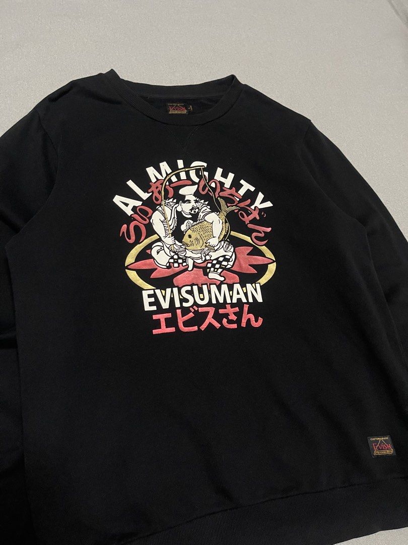 Evisu Almighty Evisuman Sweater (Category: Coats, Jackets and Outerwear) located in Bulacan. Submitted by sanjisthrift (Listing ID 1459531921, Image 2). Description: Size Large to XL Width 23 Length 29 Excellent Condition 9/10.