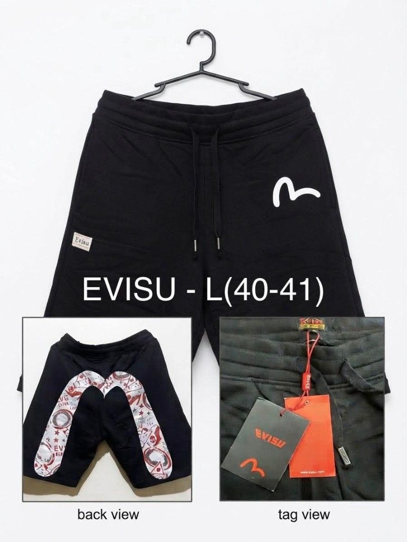 EVISU Shorts - Black - Size L (40-41) (Category: Shorts) located in Manila. Submitted by epicpenguin.b68f48 (Listing ID 1459589222, Image 1). Description: - Brand: Evisu - Size: L (fits waist 40-41 inches) - Features: Iconic Evisu logo on front, cool graphic print on back pockets - Comfort: Drawstring waist - Condition: Brand new with original tags attached - Style: Perfect for casual wear.