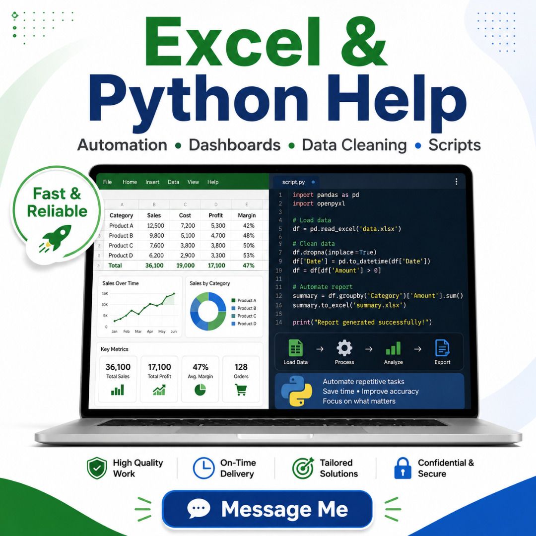 Excel & Python Help: Automation, Dashboards, Data Cleaning, Scripts (Category: Office & Business Technology) located in Singapore. Submitted by mgkuan (Listing ID 1459607328, Image 1). Description: - Need help with Excel or Python? - Services: Automation, Dashboards, Data Cleaning, Script Writing - Fast & Reliable Service - High-Quality Work & On-Time Delivery - Tailored Solutions - Confidential & Secure Data - Automate tasks, save time, improve 