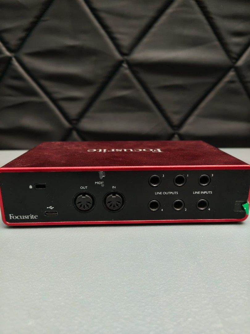 Focusrite Scarlett 4i4 Audio Interface (Category: Other Audio Equipment) located in Manila. Submitted by jimbo2003 (Listing ID 1459584540, Image 3). Description: - Focusrite Scarlett 4i4 Audio Interface - Color: Red - Versatile connectivity: Inputs/outputs for microphones, instruments, and line-level devices - MIDI In/Out included - Ideal for recording music or podcasts - Fully functional and in good working condition.