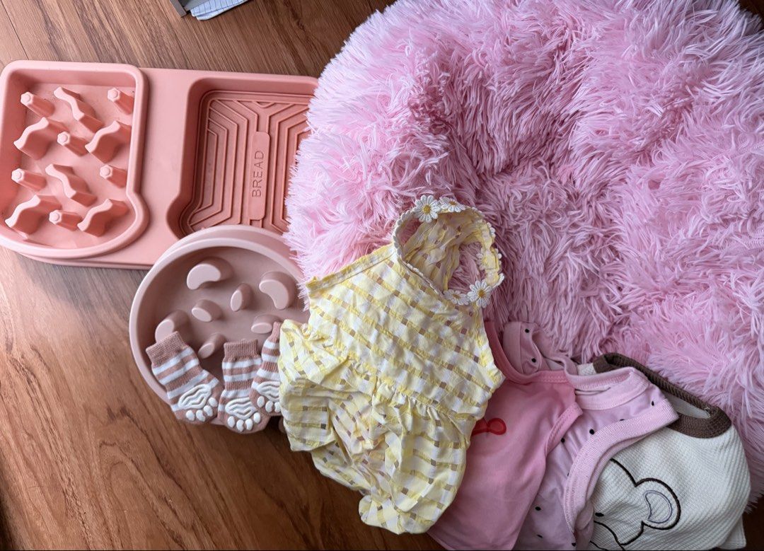 For girly dogs (Category: Homes & Other Pet Accessories) located in Manila. Submitted by _mikash (Listing ID 1459580436, Image 1). Description: 4 XS dogs clothes 2 slow feeder tray socks donut bed rfs: no longer using, lumaki na agad dog ko.