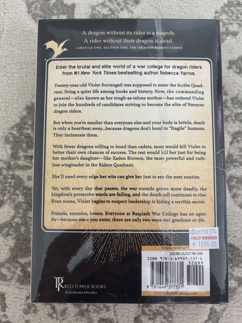Fourth Wing by Rebecca Yarros (Category: Storybooks) located in Paranaque City. Submitted by danicajs (Listing ID 1459506769, Image 2). Description: FOURTH WING BOOK 1 - Brand New (Unopened) RFS: Urgent Funds Needed Feel free to message to ask about additional details..