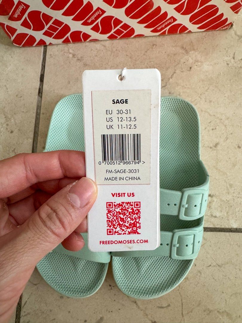 Freedom Moses Kids Slides Size C12 (Category: Babies & Kids Fashion) located in Taguig. Submitted by whomcwhat (Listing ID 1459550309, Image 2). Description: Brand new (bought but never got to use) Color: Sage Size: US 12C or EU 30/31 Please see Freedom Moses Kids size chart .